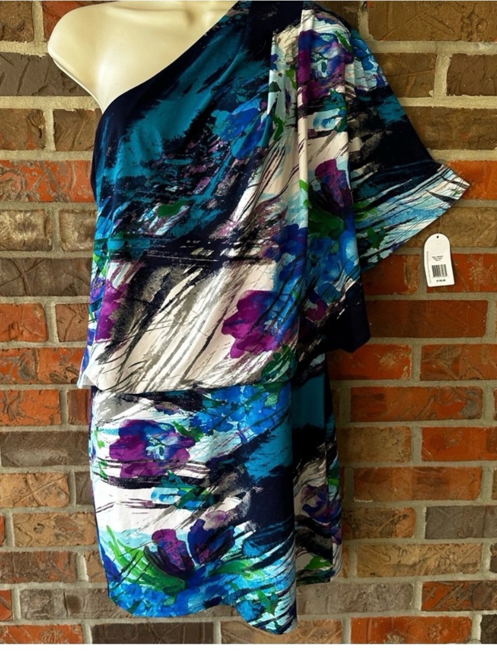 Jessica Simpson One-Shoulder Floral Dress in Teal, Purple and Navy